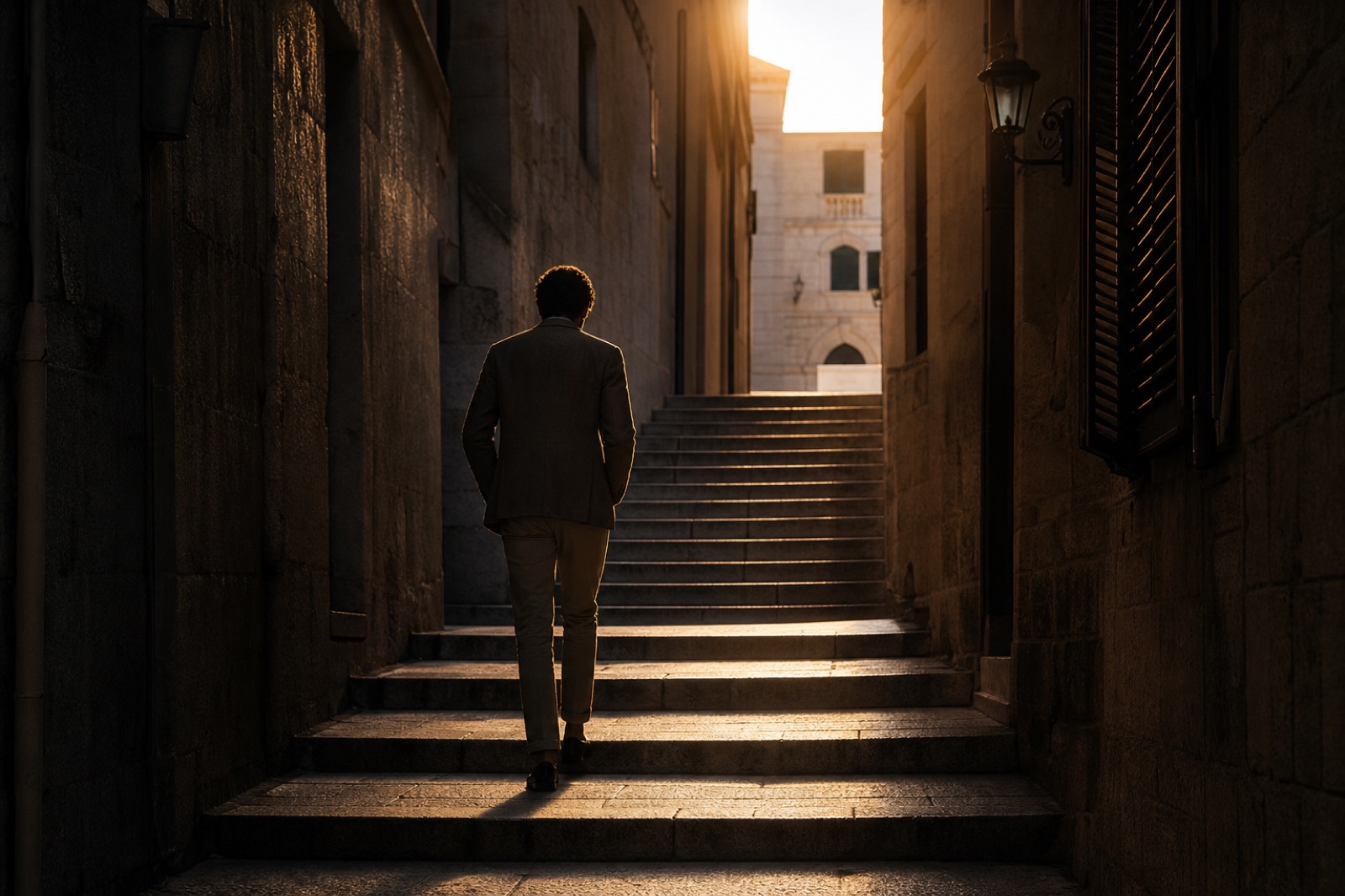 A person ascending steps through a shadowed stone passage toward daylight.