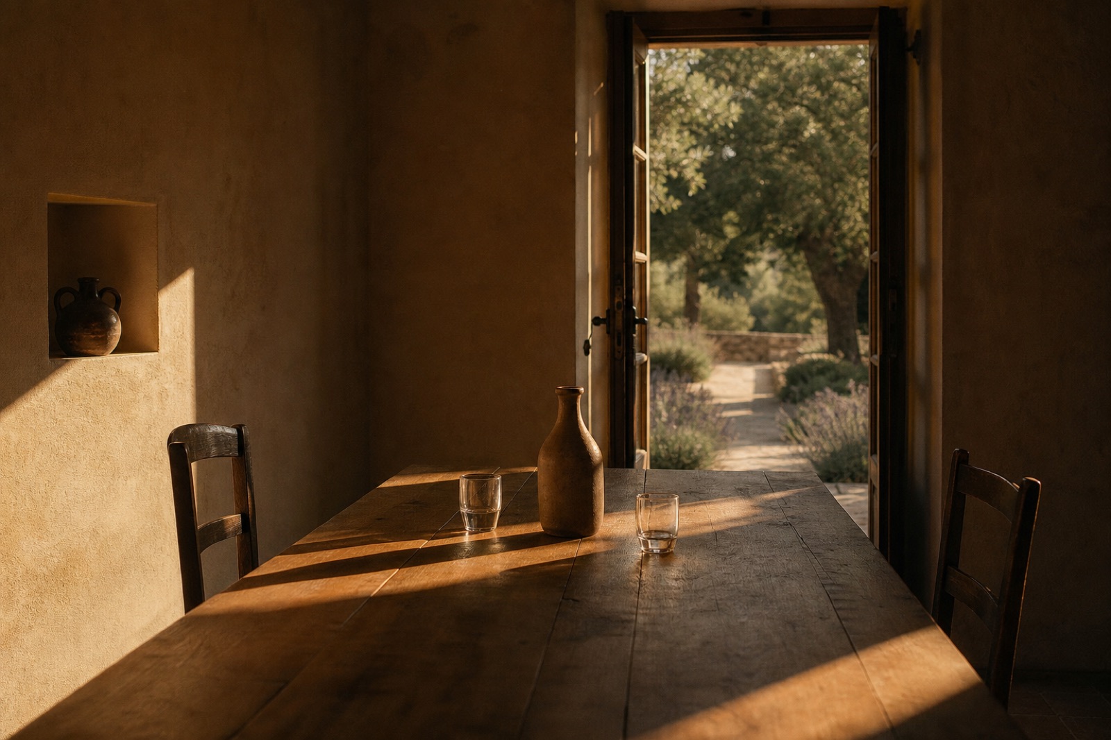 A sunlit wooden table facing an open doorway onto a quiet garden.