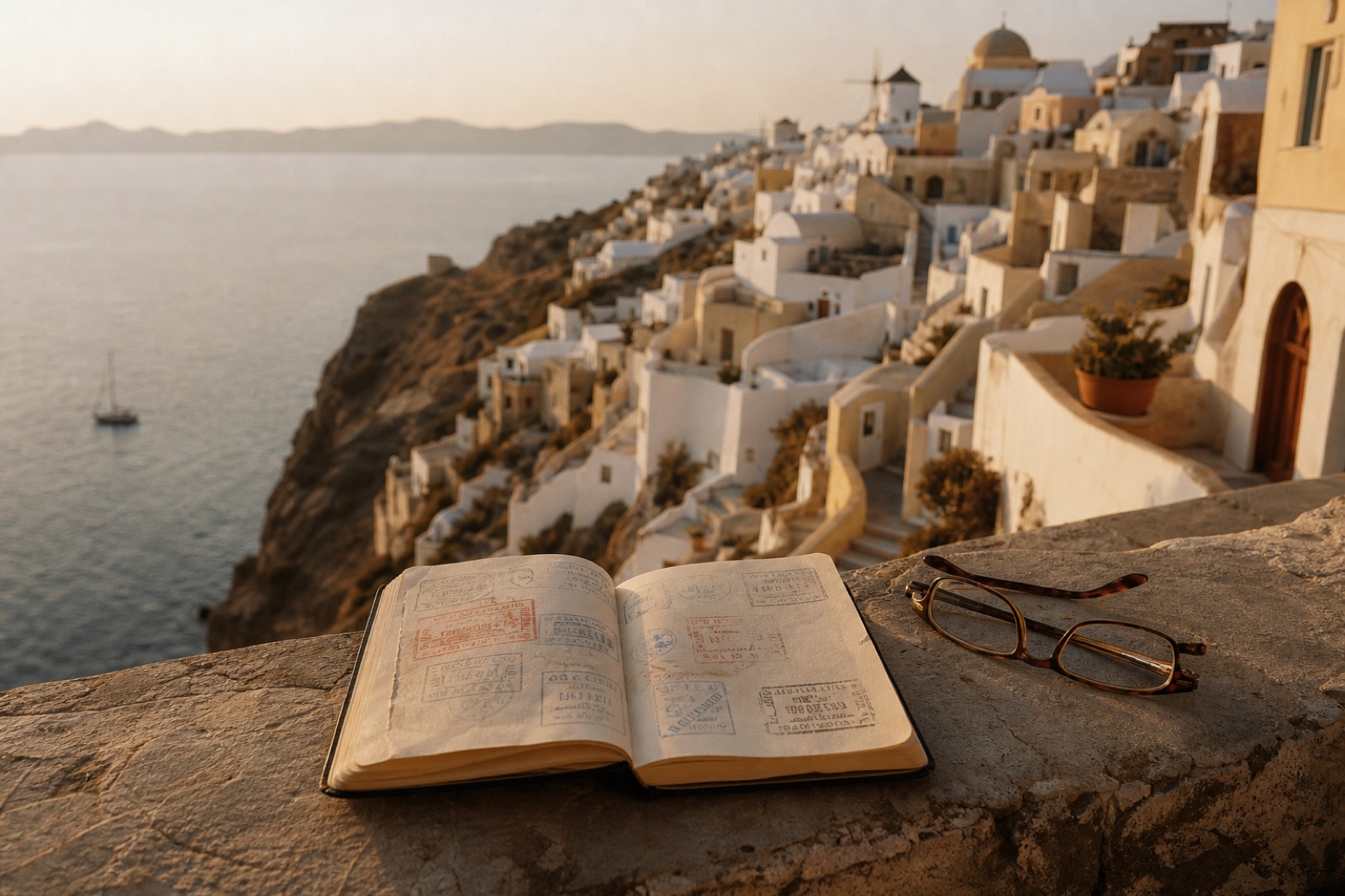 An open notebook on a terrace overlooking a coastal hillside.