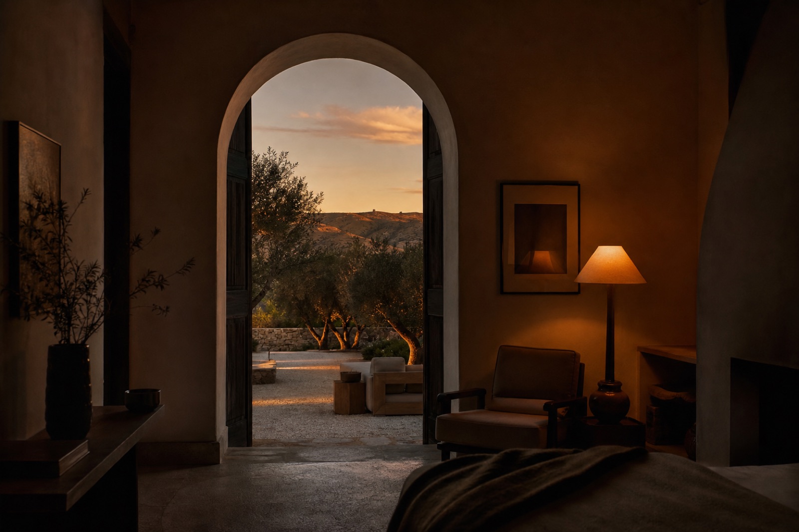 An arched doorway in a warmly lit room opening onto olive trees and a sunset sky.