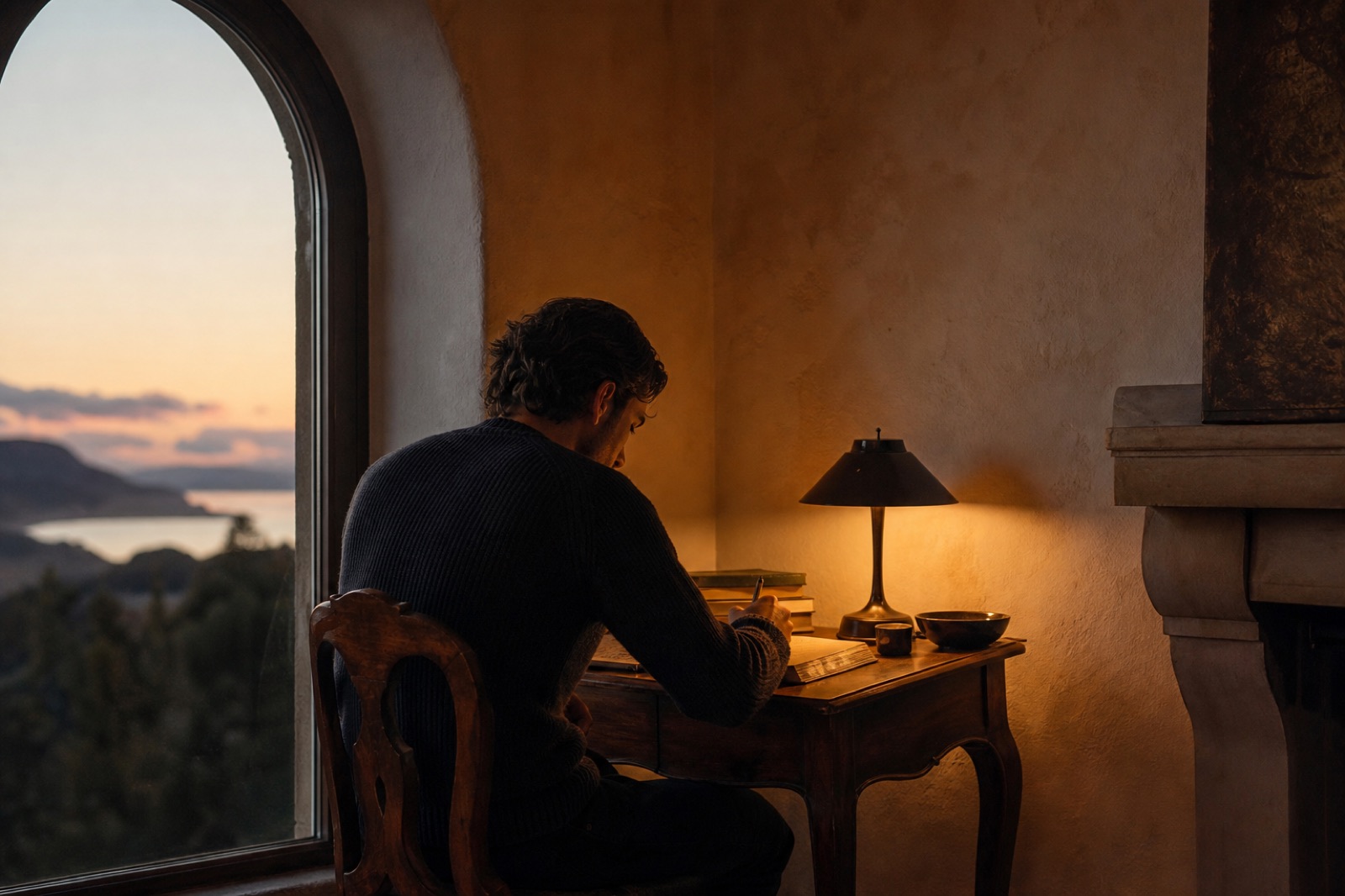 A man writing at a desk by lamplight beside an arched window overlooking the water at dusk.