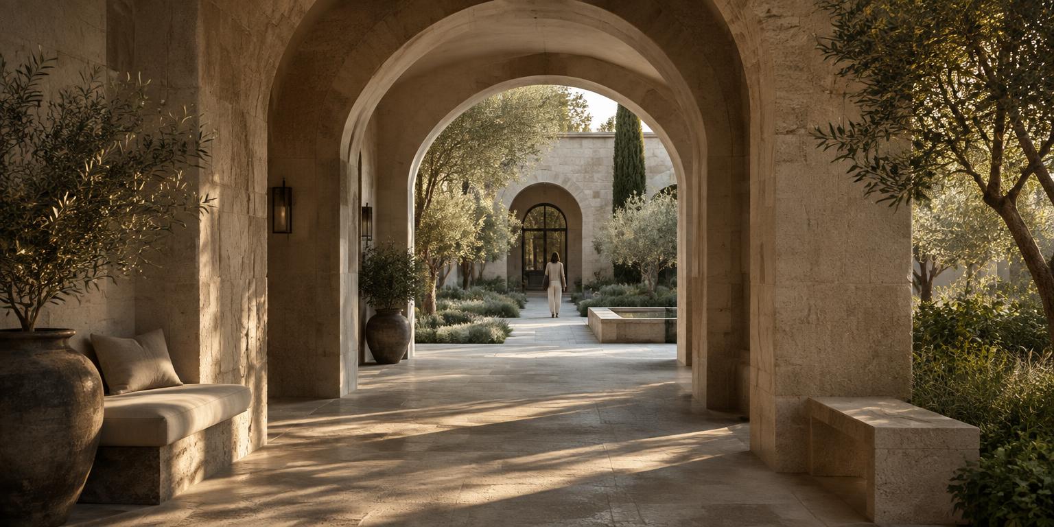 Stone arches open onto a quiet courtyard.