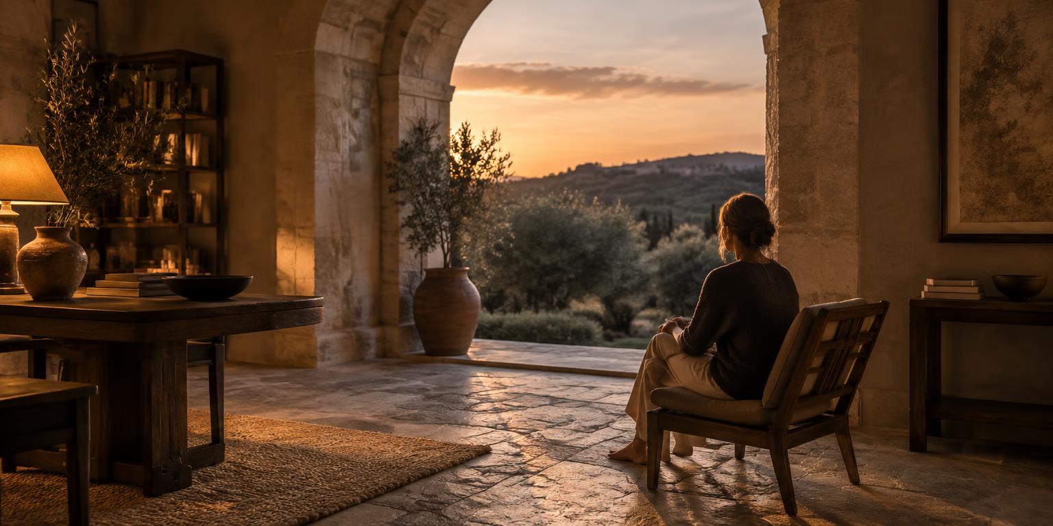 An adult sits quietly beneath a stone arch in warm evening light.