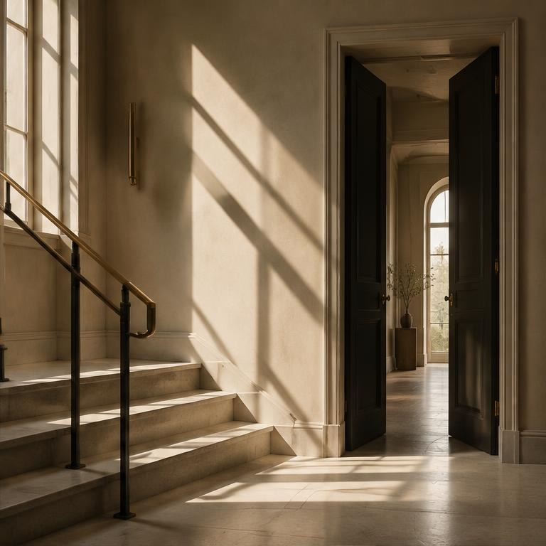 Sunlit steps leading toward an open doorway.