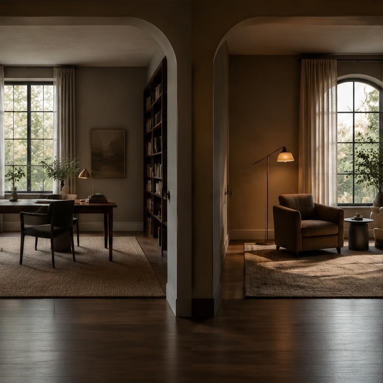 Two quiet rooms seen through adjacent archways.