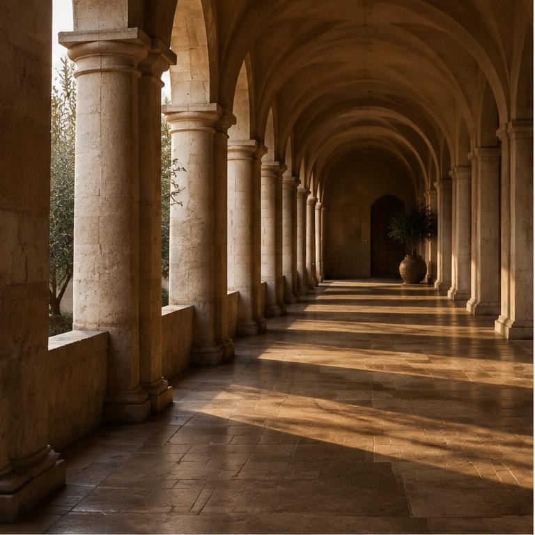 Daylight crossing a long stone colonnade.