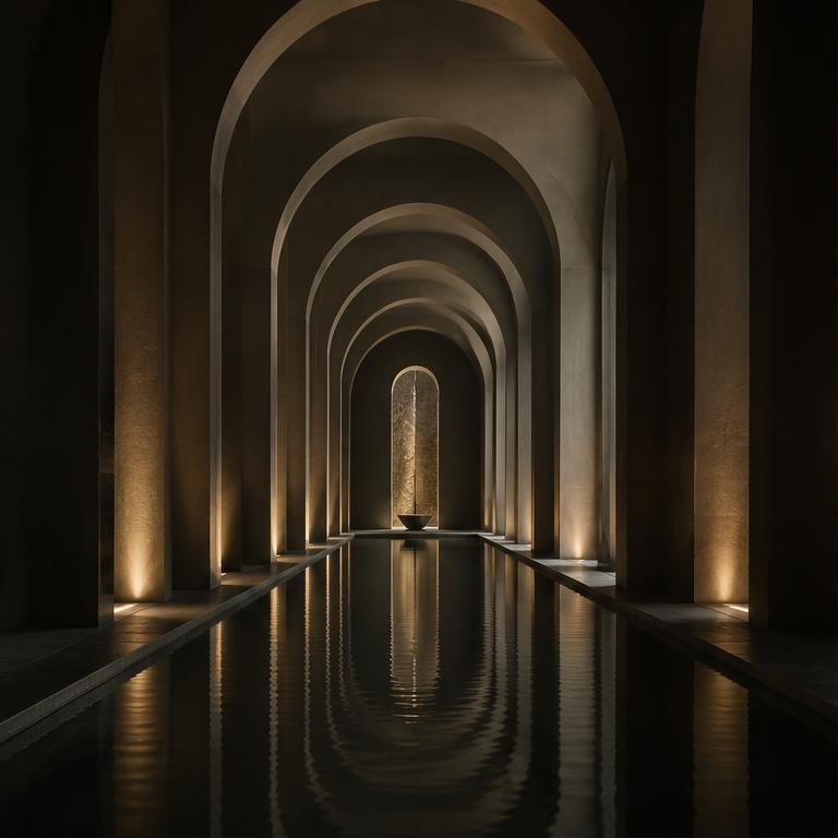 Repeating shadowed arches reflected in a still pool.