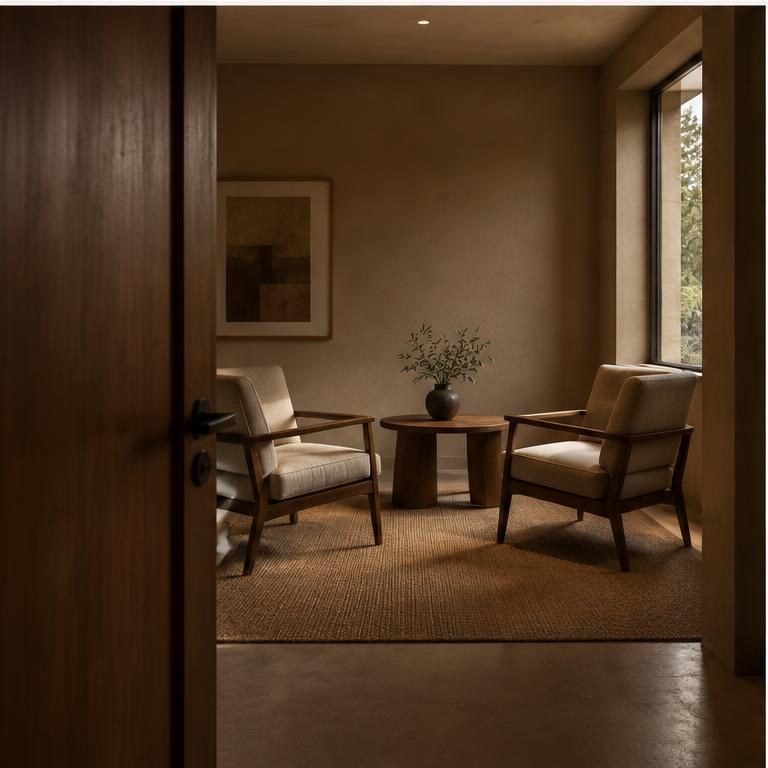 An open doorway into a quiet room with two chairs.