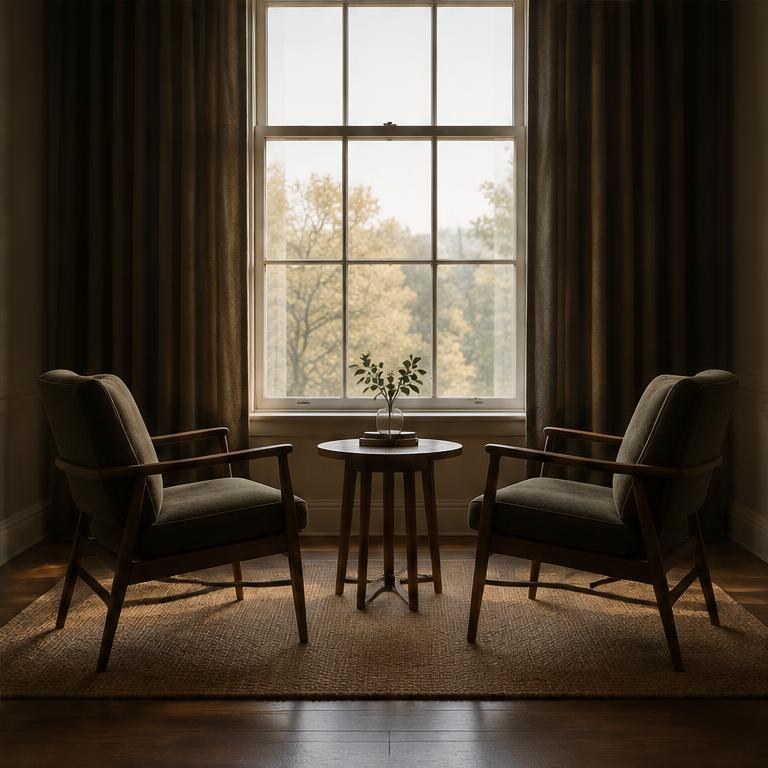 Two chairs facing each other by a bright window.