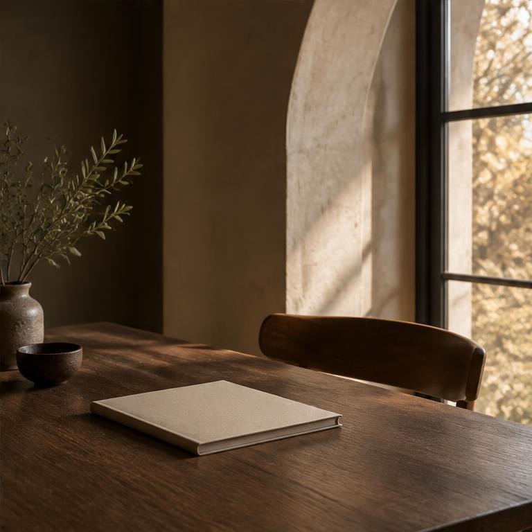 A closed notebook beside a warm sunlit window.