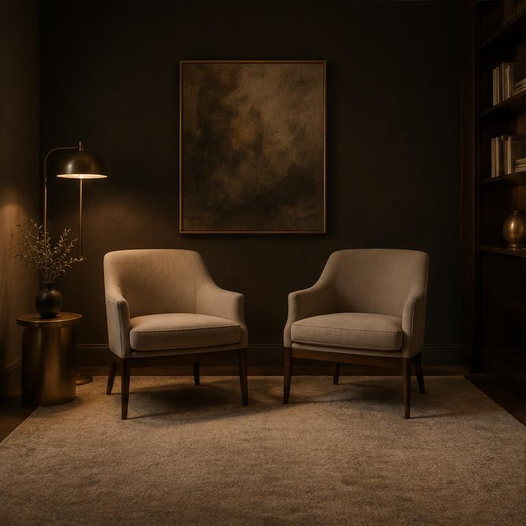 Two empty chairs in a warmly lit conversation room.
