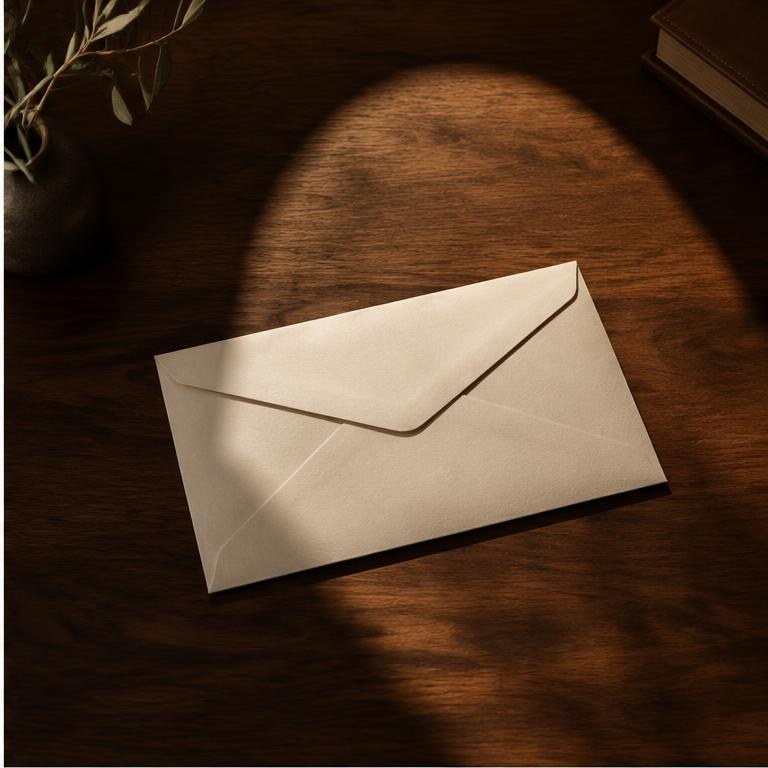 A plain unmarked envelope on a walnut desk.