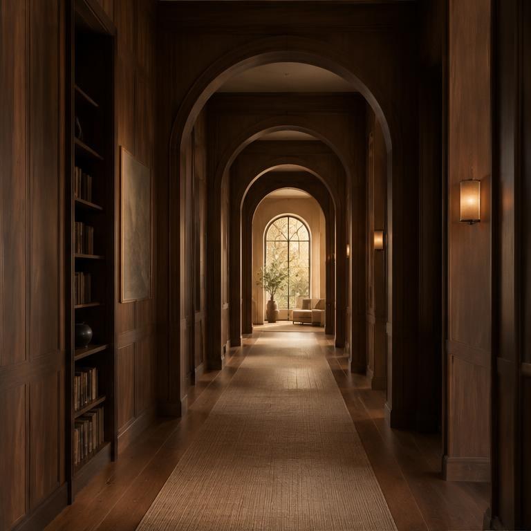 Successive warm arches along a quiet hallway.