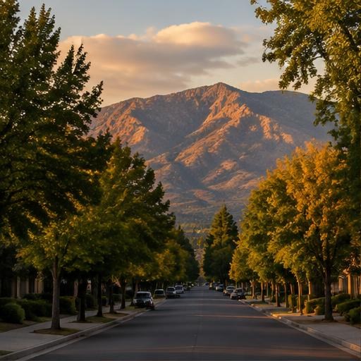 A tree-lined Colorado neighborhood with foothills beyond.