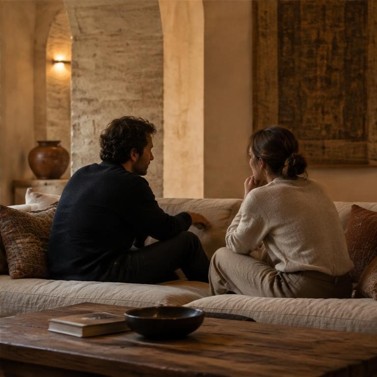 Two adults talk together on a sofa.