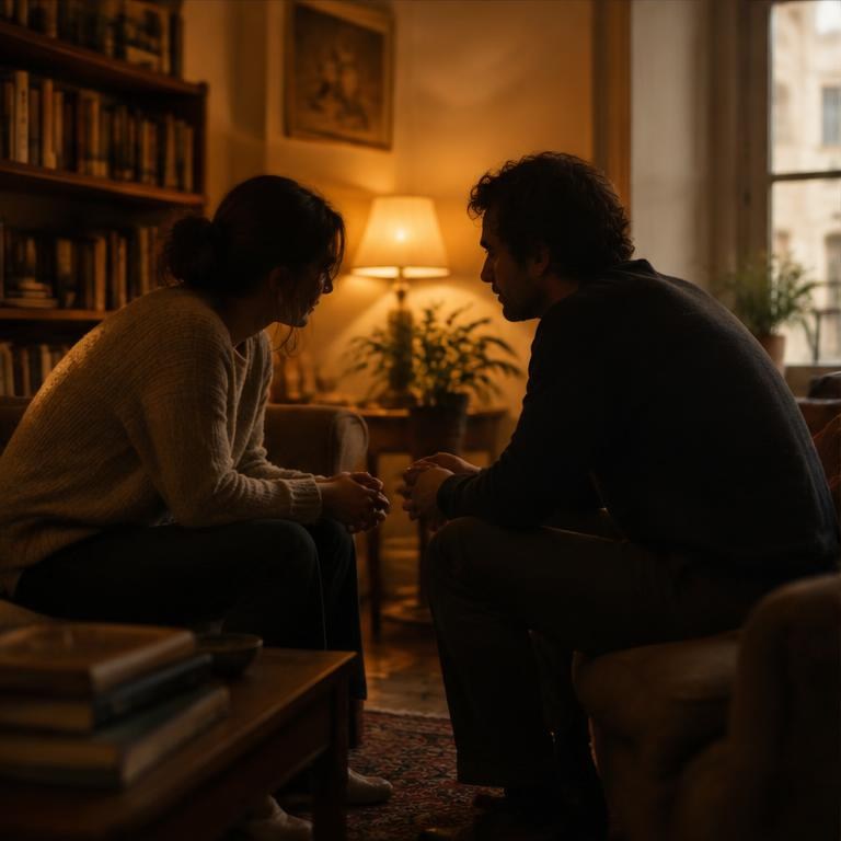 Two adults talk closely together.