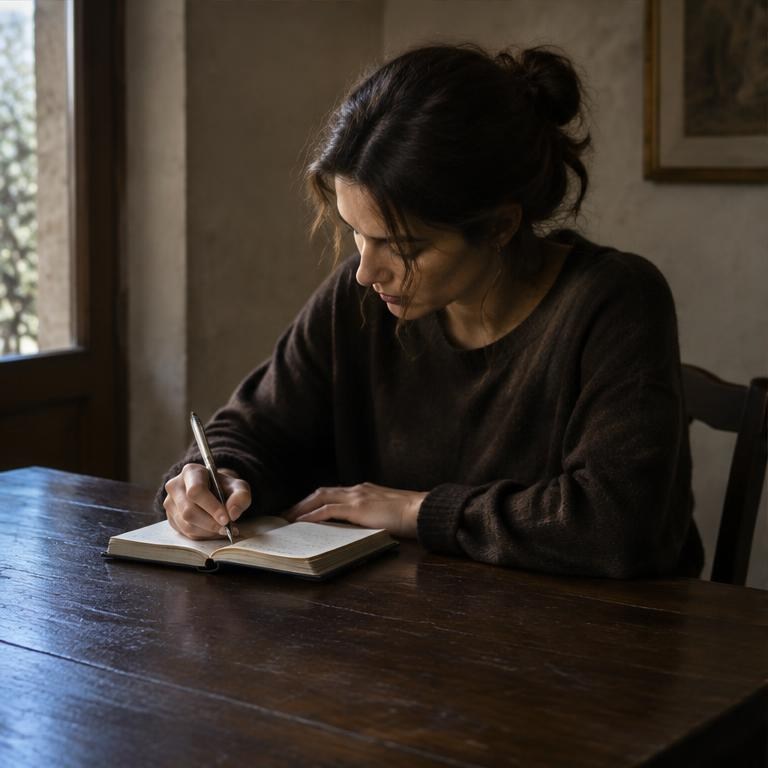 An adult writes at a table in a quiet room.