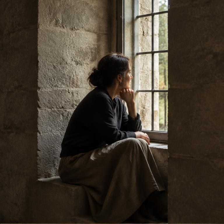 An adult sits beside a recessed stone window.