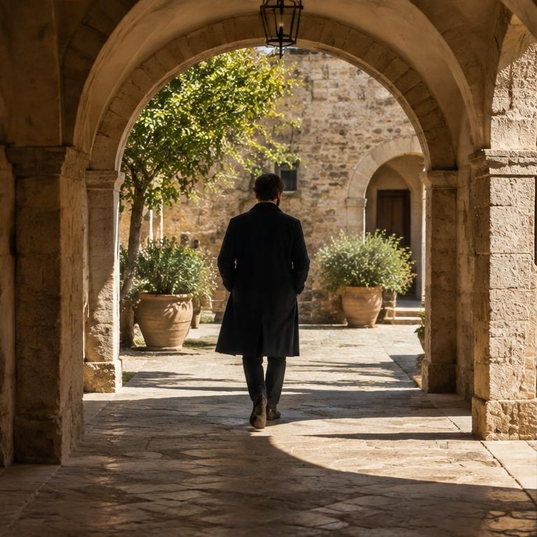 An adult walks beneath a series of arches.