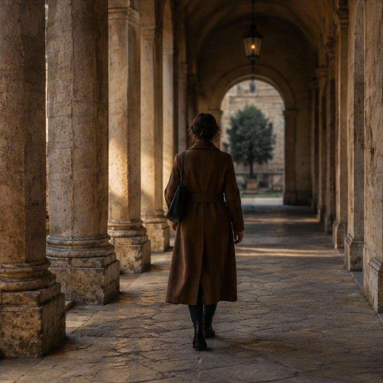 An adult walks under a colonnade.