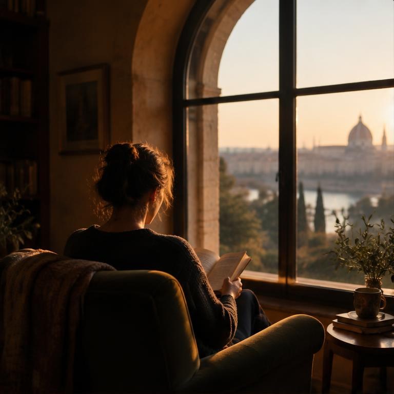 An adult reads beside an arched window.