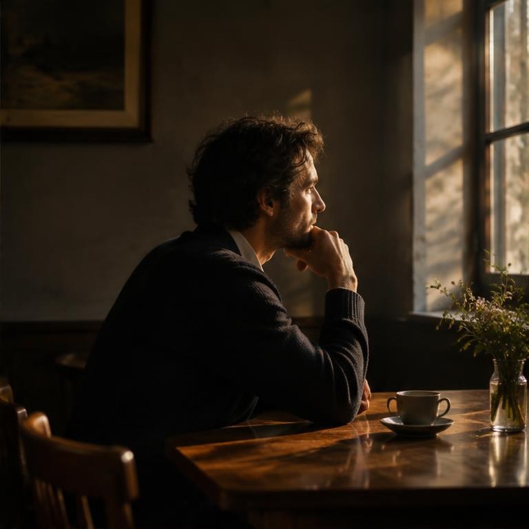 An adult sits quietly at a cafe table.