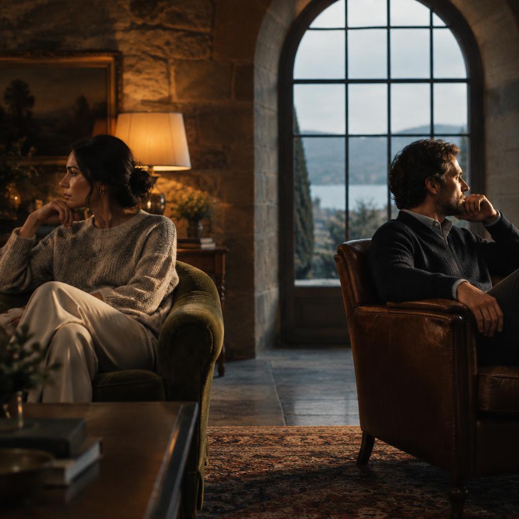 Two adults facing away from each other in a room with an arched window.