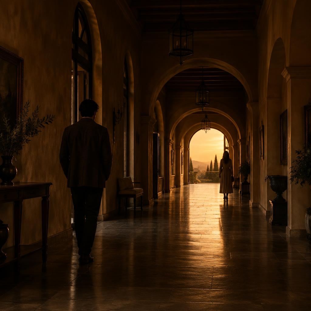 Two adults separated in a long arched hallway at evening.