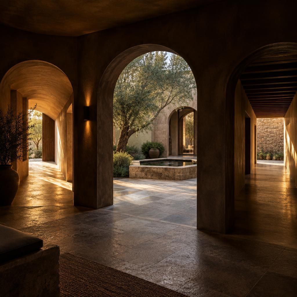 Three arched paths opening into a warm stone courtyard.