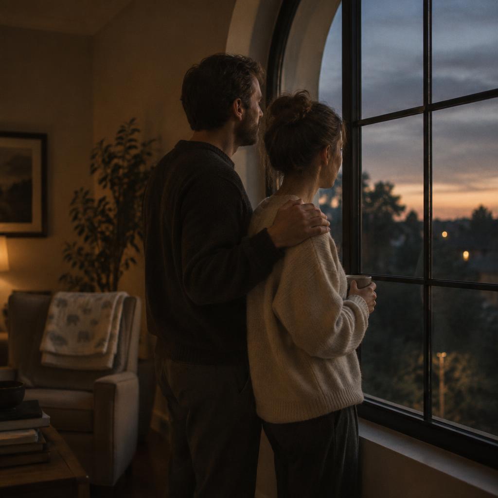 Two adults quietly looking out an arched window at dusk.