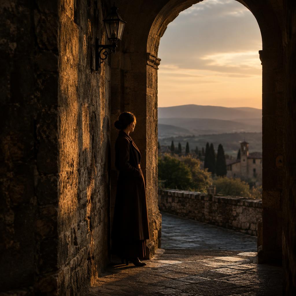 Adult standing in the shade of a stone arch at sunset.
