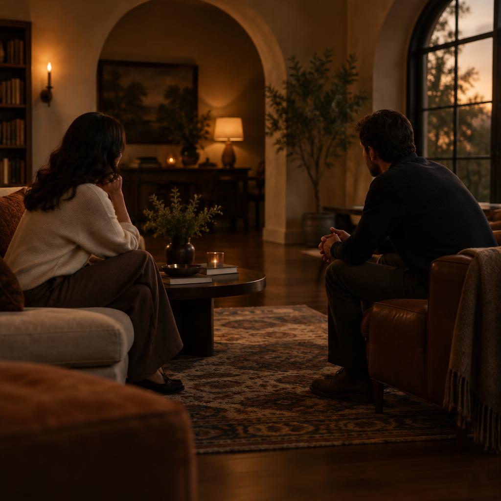 Two adults in quiet conversation in a warmly lit arched room.