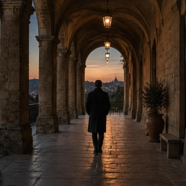 An adult walks away beneath a series of stone arches.