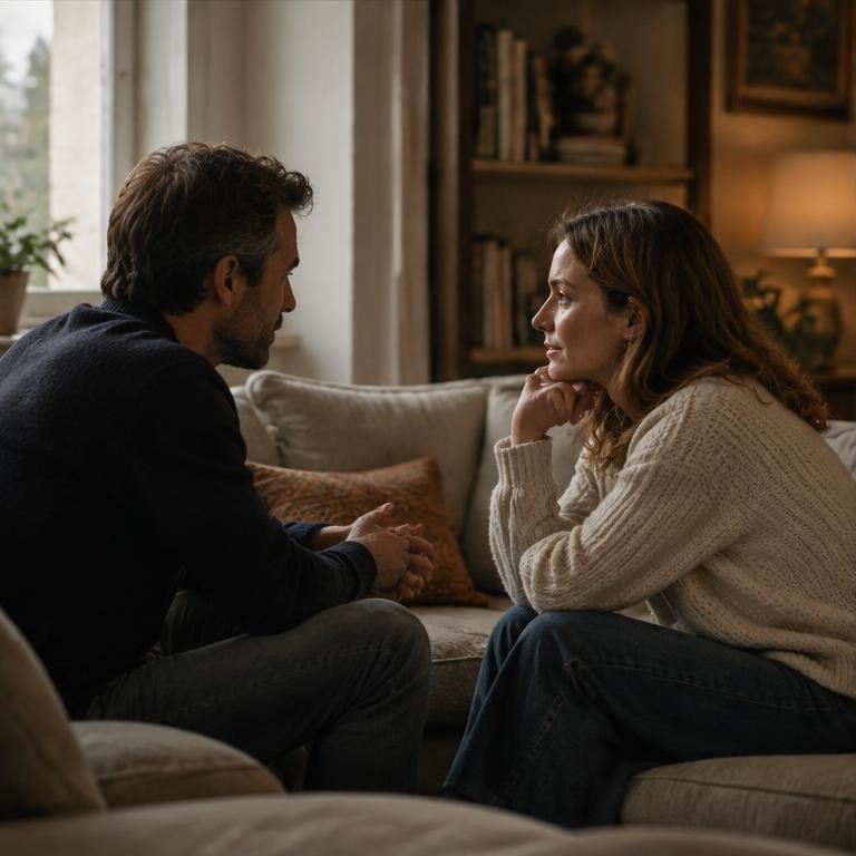 Two adults talk quietly together on a sofa.