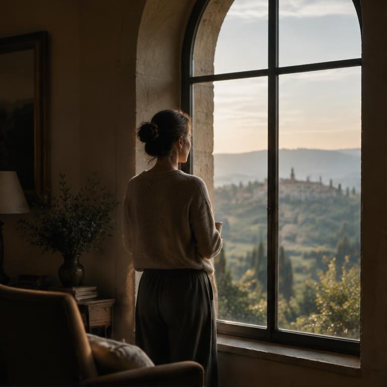 An adult stands at an arched window in morning light.