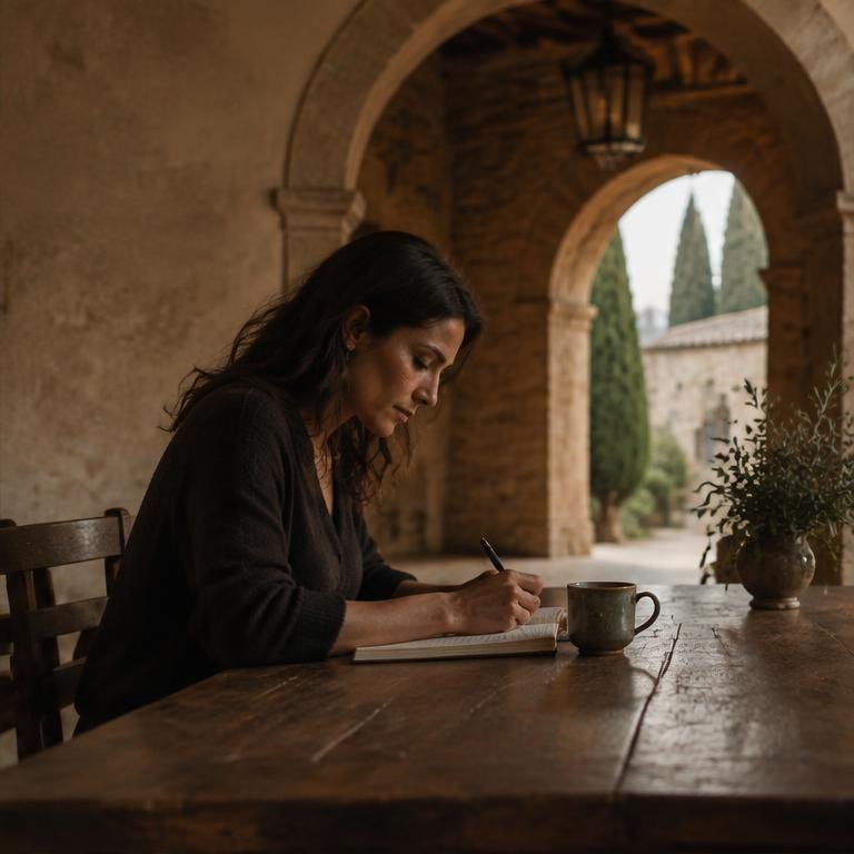 An adult writes at a table beneath a stone arch.