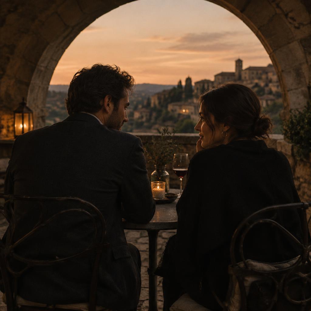 Two adults talking at a table under a stone arch at dusk.