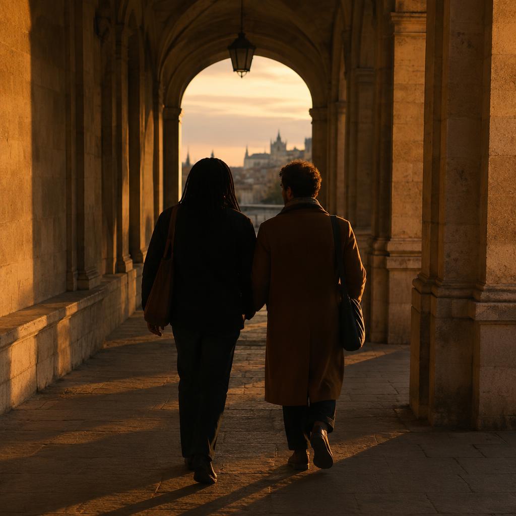 Two adults walking away together beneath warm stone arches.