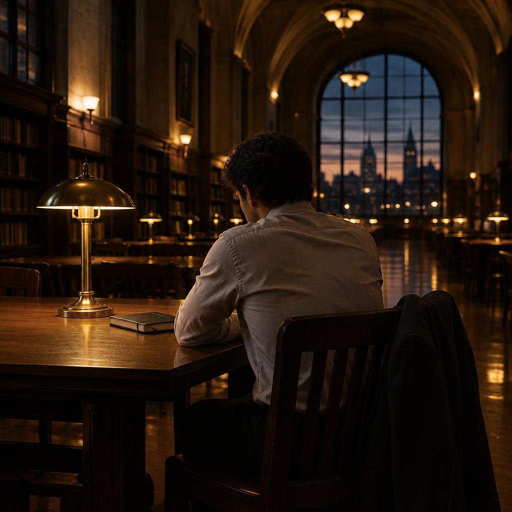 Professional seated at a desk under an arched window at evening.